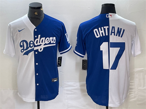 Men's Los Angeles Dodgers #17 Shohei Ohtani White/Blue Split Cool Base Stitched Baseball Jersey